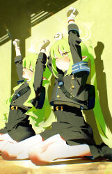 Rule 34 | 2girls, absurdres, armband, arms up, black jacket, black shorts, black skirt, blue archive, blue armband, bm tol, closed mouth, gloves, green hair, halo, highres, hikari (blue archive), jacket, long hair, multiple girls, no headwear, nozomi (blue archive), one eye closed, shorts, siblings, sidelocks, sisters, sitting, skirt, tears, thighs, twins, wariza, white gloves