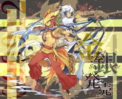 2boys armband bracelet copyright_name creatures_(company) feathers game_freak gen_2_pokemon gloves ho-oh jewelry legendary_pokemon lugia male_focus multiple_boys nintendo personification pokemon red_hair scythe white_hair yosakuh