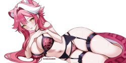 alternate_costume animal_print bikini fang garter_straps hair_between_eyes hair_intakes hands_on_own_chest highres hololive hololive_english leopard_print long_hair looking_at_viewer lying meichan multicolored_fur multicolored_hair navel on_side open_mouth pink_bikini pink_fur pink_hair raora_panthera simple_background smile solo swimsuit virtual_youtuber wet white_background white_fur white_hair