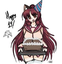 Rule 34 | 1girl, ^ ^, animal ear fluff, animal ears, artist name, artist self-insert, bad link, blush, box, breasts, brown eyes, cake, cardboard box, cat ears, cat girl, closed eyes, commentary, cowboy shot, danbooru (site), english commentary, fang, food, happy birthday, hat, holding, holding cake, holding food, holding tray, icing, kemonomimi mode, kousaka tamaki, large breasts, long hair, long sleeves, looking at viewer, lowres, no pants, open mouth, own hands together, party hat, pink shirt, red hair, red sailor collar, sailor collar, school uniform, serafuku, shibidayo, shirt, sidelocks, simple background, smile, solo, standing, straight hair, thigh gap, thighhighs, to heart (series), to heart 2, tray, two side up, very long hair, white background, white thighhighs