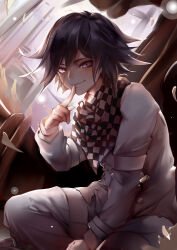 1boy absurdres arm_belt belt belt_buckle black_scarf buckle buttons checkered_clothes checkered_scarf closed_mouth commentary cowboy_shot danganronpa_(series) danganronpa_v3:_killing_harmony denim double-breasted finger_to_mouth hair_between_eyes highres indoors jacket jeans light_particles lips male_focus multiple_belts oma_kokichi pants purple_eyes purple_hair scarf short_hair sitting smirk smug solo television thigh_belt thigh_strap torn_clothes torn_jeans torn_pants two-tone_scarf white_belt white_jacket white_pants white_scarf wrist_belt yaya_(shizuku)