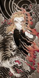 1boy animal black_jacket blonde_hair demon_slayer_uniform fire forked_eyebrows highres jacket kimetsu_no_yaiba long_hair looking_at_viewer multicolored_hair red_hair rengoku_kyoujurou solo spiral tiger two-tone_hair upper_body yzzzcm