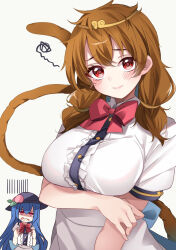 Rule 34 | 2girls, alternate costume, arm under breasts, black hat, blue hair, blush, bow, bowtie, breast envy, breasts, brown hair, buttons, center frills, circlet, closed mouth, collared shirt, commentary request, cosplay, flat chest, frills, frown, gloom (expression), hat, hat ornament, highres, hinanawi tenshi, hinanawi tenshi (cosplay), large breasts, leaf hat ornament, long hair, looking at viewer, low twintails, medium hair, meimei (meimei89008309), monkey tail, multiple girls, peach hat ornament, puffy short sleeves, puffy sleeves, red bow, red bowtie, red eyes, shaded face, shirt, short sleeves, simple background, smile, solo focus, son biten, squiggle, tail, touhou, twintails, upper body, very long hair, white background, white shirt