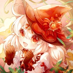 1girl :d black_gloves blonde_hair blush bow chinese_commentary clover_hair_ornament commentary_request cross_in_eye frilled_sleeves frills genshin_impact gloves hair_between_eyes hair_ornament hat hat_bow hat_ribbon highres klee_(blossoming_starlight)_(genshin_impact) klee_(genshin_impact) looking_at_viewer low_twintails mibai_yume official_alternate_costume open_mouth pointy_ears red_bow red_eyes red_hat ribbon short_hair short_sleeves smile solo twintails upper_body witch_hat