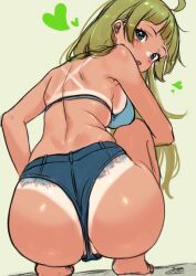 1girl :o aqua_eyes ass ass_focus blush breasts c_(theta) green_background green_hair heart highres idolmaster idolmaster_million_live! looking_at_viewer looking_back median_furrow medium_breasts micro_shorts partially_visible_vulva shimabara_elena shorts simple_background sketch solo squatting tan tanline