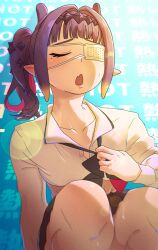 1girl absurdres black_skirt breasts chuunibyou closed_eyes eyepatch fang hair_ornament highres hololive hololive_english light_blush long_sleeves medical_eyepatch mole mole_under_eye multicolored_hair ninomae_ina&#039;nis open_mouth partially_unbuttoned pointy_ears purple_hair shirt skin_fang skirt small_breasts solo spriggantweet sweat sweatdrop virtual_youtuber