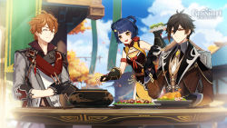1girl 2boys bell_pepper black_gloves blue_hair brown_hair chicken_(food) chinese_clothes cup earrings eating eyeliner fingerless_gloves flower food formal_clothes fruit gem genshin_impact gloves hair_rings highres holding holding_cup jewelry lemon lettuce long_sleeves makeup multiple_boys mushroom official_art orange_eyes orange_hair outdoors plate pot red_scarf scarf short_hair single_earring suit sweet_madame_(genshin_impact) tartaglia_(genshin_impact) tassel tassel_earrings tea vision_(genshin_impact) xiangling_(genshin_impact) yellow_eyes zhongli_(genshin_impact)