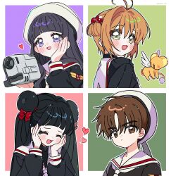 1boy 3girls brown_hair camera cardcaptor_sakura closed_eyes closed_mouth daidouji_tomoyo hat highres holding holding_camera kero_(cardcaptor_sakura) kinomoto_sakura li_meiling li_syaoran long_hair looking_at_viewer multiple_girls open_mouth short_hair smile upper_body white_hat yalmyu