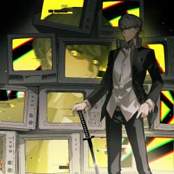 1boy black_jacket black_pants dark_background dual_persona glitch grey_eyes grey_hair hashtag-only_commentary highres jacket lluyss long_sleeves looking_at_viewer male_focus narukami_yu pants persona persona_4 school_uniform shadow_(persona) shadow_yu shirt short_hair static sword television weapon white_shirt yasogami_school_uniform yellow_background yellow_eyes