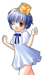 1girl ;d bisuke-tan blue_bow blue_hair blue_skirt bow brown_eyes cowboy_shot dress female_focus food food-themed_hair_ornament hair_ornament kfc looking_at_viewer object_on_head one_eye_closed open_mouth pancake short_hair skirt smile solo syrup white_background