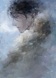 Rule 34 | 1boy, animated, animated gif, black hair, breath, closed mouth, closing eyes, dao mu bi ji, floating hair, from side, fur trim, grey eyes, highres, liumumumumumu, male focus, portrait, profile, short hair, solo, watermark, zhang qiling