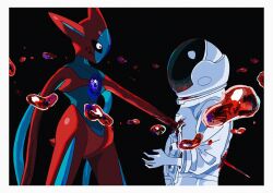 absurdres alien astronaut black_background blood death deoxys deoxys_(attack) expressionless gen_3_pokemon helmet highres injury looking_at_another mythical_pokemon nintendo no_mouth pokemon pokemon_(creature) saiku_(zvlku) tentacles violence