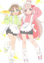 2girls :d absurdres ahoge alternate_costume apron black_shorts blush bow brown_hair colored_inner_hair commentary frilled_apron frills full_body green_bow green_eyes green_jacket grey_hair hair_bow hand_on_own_hip hand_up highres jacket jersey_maid long_hair long_sleeves looking_at_viewer loose_socks maid maid_apron maid_headdress multicolored_hair multiple_girls oka_asahi onii-chan_wa_oshimai! open_mouth orange_hair oyama_mahiro pink_hair pink_jacket plate red_bow short_hair short_shorts shorts simple_background sleeves_past_wrists smile socks sparkle_background standing standing_on_one_leg track_jacket turtleneck turtleneck_jacket two-tone_hair two_side_up unconventional_maid very_long_hair waist_apron wall228090611 white_apron white_background
