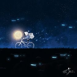 1other absurdres artist_name backpack bag basket bicycle bicycle_basket blue_jacket commentary fish flying_fish from_side full_moon gloves glowing grass helmet highres jacket kazunoko_(kazunoko_zunoco) moon night night_sky original other_focus radio_antenna riding riding_bicycle signature sky solo space_helmet star_(sky) starry_sky white_gloves