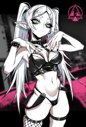 1girl alternate_costume artist_logo black_collar black_eyeliner black_nails black_panties buckle cameltoe collar commentary cowboy_shot crop_top dizzle earrings elf english_commentary eyeliner frieren goth_fashion green_eyes hands_up highleg highleg_panties highres jewelry logo long_hair looking_at_viewer makeup navel panties pointy_ears short_eyebrows single_thighhigh solo sousou_no_frieren spiked_thighhighs spikes stomach suspenders thick_eyebrows thigh_strap thighhighs twintails underwear very_long_hair white_hair wristband
