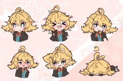 &gt;_&lt; 1girl :3 ahoge animal_ears aqua_eyes black_gloves black_jacket blonde_hair blush blush_stickers chibi closed_mouth confetti cropped_torso dokibird_(vtuber) dokibird_(vtuber)_(bounty_hunter) dragoon_(dokibird) fang gloves hair_ornament hairclip indie_virtual_youtuber jacket multiple_views neckerchief open_clothes open_jacket open_mouth pink_background red_neckerchief skin_fang smile star_(symbol) troubleshooter_bun upper_body virtual_youtuber