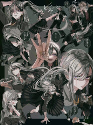 1girl 5boys attack_trail black_border black_hair black_jacket black_shoes black_skirt black_socks blonde_hair blood_on_cheek border bracelet brown_shirt collared_shirt colored_inner_hair commentary_request cropped_shirt delinquent earrings eyelashes fighting fighting_stance floating_hair gakuran gold_bracelet gold_earrings gold_necklace grey_background grey_hair grey_nails grey_shirt hair_behind_ear high_heels high_kick highres higuchi_kaede higuchi_kaede_(16th_costume) incoming_forehead_flick jacket jewelry kicking lips long_hair long_skirt midriff motion_blur motion_lines multicolored_hair multiple_boys multiple_views nail_polish necklace nijisanji outside_border paddy_field pleated_skirt punching purple_eyes school_uniform shirt shoes short_hair side_slit single_earring skirt sleeves_rolled_up socks sukeban translation_request two-tone_hair very_long_hair virtual_youtuber white_shirt