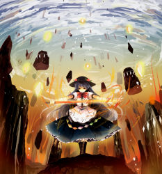 1girl bad_id bad_pixiv_id blue_hair boots female_focus floating floating_object food fruit hat hinanawi_tenshi ichitaro kaname-ishi long_hair peach red_eyes rock rope shimenawa solo sword sword_of_hisou touhou weapon