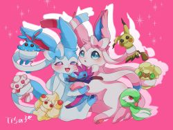 :d alcremie alternate_color azumarill blue_eyes blush character_doll commentary_request creatures_(company) doll game_freak gardevoir gen_2_pokemon gen_3_pokemon gen_5_pokemon gen_6_pokemon gen_7_pokemon gen_8_pokemon half-closed_eyes highres holding holding_doll hydreigon ichino_524 mimikyu nintendo open_mouth pink_background pokemon pokemon_(creature) shiny_and_normal shiny_pokemon smile sparkle swirlix sylveon tongue whimsicott