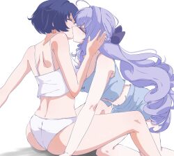 2girls ahoge ass belle_(zenless_zone_zero) blue_bra blue_hair blue_panties bra breasts cleavage closed_eyes commentary_request highres kiss long_hair medium_breasts mole mole_under_eye multiple_girls navel panties purple_hair short_hair simple_background sitting underwear underwear_only vivian_banshee white_background white_bra white_panties yuri yuriyurisuki zenless_zone_zero