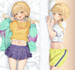 1girl :d bed_sheet blonde_hair blue_jacket blue_skirt blush braid brown_eyes clothes_lift commentary_request dakimakura_(medium) fang fujita_kotone gakuen_idolmaster hair_intakes hair_ornament hair_over_shoulder hairclip half-closed_eyes highres idolmaster jacket long_hair long_sleeves low_twintails lying midriff midriff_peek navel on_side open_clothes open_jacket open_mouth parted_lips partner_(kprtnr) pillow plaid_clothes plaid_skirt pleated_skirt puffy_long_sleeves puffy_sleeves shirt shirt_lift short_sleeves shorts skirt sleeves_past_wrists smile twin_braids twintails v white_shirt yellow_shirt yellow_shorts