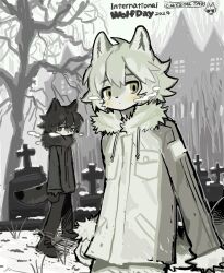 2boys animal_ears artist_name black_fur black_gloves black_jacket black_pants black_shoes black_tail body_fur closed_mouth coat coyotetaodog expressionless fur_trim furry furry_male gloves grave graveyard green_eyes green_fur green_hair grey_fur highres house jacket male_focus multicolored_fur multiple_boys original outdoors pants shoes short_sleeves sky snow tail tombstone tree white_sky winter winter_uniform wolf_boy wolf_ears