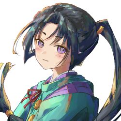 1boy androgynous black_hair commentary_request high_ponytail highres houjou_tokiyuki_(nige_jouzu_no_wakagimi) long_hair low-tied_long_hair male_focus nige_jouzu_no_wakagimi nyaaamiii1182 ponytail purple_eyes purple_pupils sidelocks_tied_back simple_background smile solo upper_body white_background