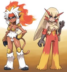 2girls blaziken blonde_hair blue_eyes breasts claws dark-skinned_female dark_skin fiery_hair fire gen_3_pokemon gen_4_pokemon infernape moemon monkey_girl multiple_girls navel nintendo personification pokemon pubic_hair tail underboob white_hair