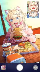 animal_collar animal_ear_fluff animal_ears blonde_hair blue_eyes blue_hair breasts burger cleavage collar cup disposable_cup dog_ears dog_girl fang fangs fingernails food french_fries fuwawa_abyssgard hair_ornament highres holding holding_burger holding_food hololive hololive_english medium_hair mococo_abyssgard multicolored_hair multiple_girls open_mouth pink_eyes pink_hair raora_panthera short_hair siblings sisters skin_fang spriggantweet sweat sweatdrop virtual_youtuber