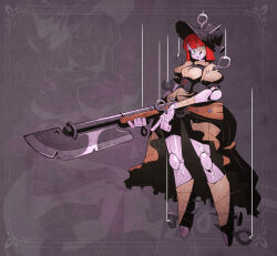 1girl antique_firearm bandage_over_one_eye bandaged_arm bandaged_leg bandages bayonet black_corset black_headwear blunt_bangs bonnet breasts colored_skin corset cracked_skin digitigrade doll_joints douglas_harvey dress firearm firelock flintlock full_body green_eyes gun high-low_skirt highres holding holding_weapon impaled inset_border joints long_dress looking_at_viewer marionette medium_breasts musket nail_(hardware) narrow_waist no_feet one_eye_covered original pointing pointing_down projected_inset puffy_short_sleeves puffy_sleeves puppet puppet_strings purple_background purple_skin red_hair shadow short_sleeves simple_background solo standing stitches thighs torn_clothes weapon