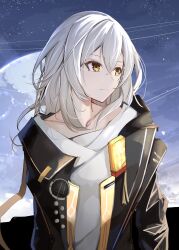1girl absurdres black_jacket closed_mouth cloud cloudy_sky highres honkai:_star_rail honkai_(series) jacket long_hair long_sleeves night night_sky number-only_commentary revision sky solo sparks_summer star_(sky) starry_sky stelle_(honkai:_star_rail) trailblazer_(honkai:_star_rail) white_hair yellow_eyes