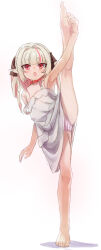 1girl bare_legs bare_shoulders barefoot blush collar dress drill_hair flat_chest full_body highres long_hair looking_at_viewer makaino_ririmu makaino_ririmu_(3rd_costume) multicolored_hair nijisanji open_mouth panties pink_panties pointy_ears red_collar red_eyes sabamen simple_background solo split standing standing_on_one_leg standing_split streaked_hair twin_drills underwear white_background white_dress