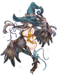 1girl aura_venefika bird_legs blue_ribbon braid breasts brown_hair brown_wings dairoku_ryouhei feathered_wings full_body harpy hat highres large_breasts leg_ribbon long_hair low-tied_long_hair monster_girl revealing_clothes ribbon solo transparent_background twin_braids watakushi_(tw) winged_arms wings witch_hat yellow_eyes
