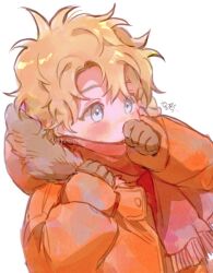 Rule 34 | 1boy, animification, artist name, blonde hair, blue eyes, blush, brown gloves, clenched hands, closed mouth, down jacket, fur-trimmed hood, fur trim, gloves, hair between eyes, hands up, highres, hood, hooded jacket, jacket, kenny mccormick, long sleeves, looking to the side, male focus, orange jacket, puffy long sleeves, puffy sleeves, red scarf, scarf, short hair, simple background, solo, south park, sp toyoill, upper body, white background