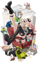 2girls :q amillion_(zenless_zone_zero) anby_demara anby_demara_(operation_yum_2025) bangboo_(zenless_zone_zero) bare_shoulders black_boots black_ribbon black_shorts black_thighhighs bookshelf boots briefcase can clothing_cutout collared_shirt drink_can earrings eous_(zenless_zone_zero) food food_on_face french_fries green_eyes green_shirt green_shoes grey_hair hair_ribbon heart heart_earrings high_heel_boots high_heels highres holding holding_food holding_pizza jewelry leg_up long_hair looking_at_viewer lying mole mole_on_thigh mole_under_eye multicolored_nails multiple_girls necklace nicole_demara niihatigounana on_chair pizza pizza-la pizza_box pizza_slice ribbon shirt shoes shorts shoulder_cutout single_thighhigh strapless thighhighs tongue tongue_out tube_top two_side_up visor_cap white_tube_top zenless_zone_zero