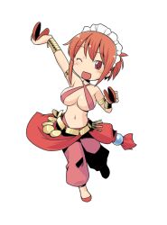 1girl ;d arm_up armlet artist_request bard_(sekaiju) bard_(sekaiju)_(cosplay) bard_2_(sekaiju) bare_shoulders bracelet breasts castanets check_artist cosplay criss-cross_halter dancer etrian_odyssey flats full_body futaba_channel gold gold_belt halterneck harem_pants hinemosu_notari holding instrument jewelry kudoi large_breasts leg_up maid_headdress navel nijiura_maids no_nose one_eye_closed open_mouth orange_hair pants pink_pants ponytail red_eyes red_footwear red_sash sash sekaiju_no_meikyuu sekaiju_no_meikyuu_1 short_hair short_ponytail simple_background smile solo standing standing_on_one_leg third-party_source waist_sash white_background