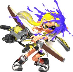 Rule 34 | 1girl, 3d, bare arms, bike shorts, blonde hair, boots, braid, eye mask, eyebrow cut, full body, gradient hair, grey boots, holding, holding weapon, ink tank (splatoon), inkling, inkling girl, inkling player character, leaning to the side, long hair, looking to the side, multicolored hair, nintendo, official art, paint splatter, paint splatter on face, shirt, short eyebrows, short hair with long locks, side braid, sidelocks, smile, solo, splatoon (series), splatoon 3, spotted hair, standing, suction cups, t-shirt, tentacle hair, thick eyebrows, transparent background, tri-stringer (splatoon), two-tone hair, v-shaped eyebrows, veronika (splatoon), weapon, white shirt, yellow eyes