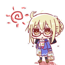 1girl ahoge artoria_pendragon_(fate) bag black-framed_eyewear black_socks blonde_hair blue_sailor_collar blue_serafuku blue_shirt blue_skirt blush braid braided_bun brand_name_imitation brown_eyes brown_shoes commentary_request cup disposable_cup drinking_straw fate/grand_order fate_(series) flying_sweatdrops glasses hair_between_eyes hair_bun holding holding_bag holding_cup hot kasuga_yuuki loafers long_sleeves mcdonald&#039;s mysterious_heroine_x_alter_(fate) plastic_bag sailor_collar school_uniform semi-rimless_eyewear serafuku shirt shoes simple_background skirt sleeves_past_wrists socks solo standing sun_symbol sweat under-rim_eyewear white_background