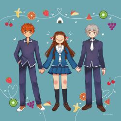 1girl 2boys ^_^ alicia_rose artist_name banana blue_skirt brown_hair cherry closed_eyes commentary english_commentary food fruit fruits_basket full_body grapefruit grapes grey_hair hair_ribbon hand_in_pocket heart highres holding_hands honda_tohru kiwi_(fruit) kneehighs long_hair looking_at_viewer multiple_boys notice_lines onigiri orange_hair pink_ribbon ribbon sailor_collar school_uniform short_hair sidelocks skirt socks sohma_kyou sohma_yuki strawberry watermelon watermelon_slice