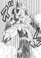 Rule 34 | 2boys, angry, blocking, blood, blood on face, cell (dragon ball), dragon ball, height difference, lightning, multiple boys, muscular, muscular male, onomatope, scratches, serious, son gohan, super saiyan, super saiyan 2, torn clothes