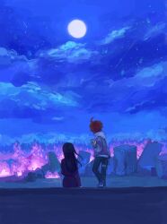 1boy 1girl ahoge black_pants city cityscape cloud destruction fire from_behind full_body hand_up hood hoodie jacket long_hair messy_hair moon moonlight night night_sky outdoors pants pink_fire purple_jacket red_hair ruins shizuhara_hiruko sitting sky standing star_(sky) sumino_takumi the_hundred_line_-last_defense_academy- white_hoodie