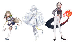 3girls absurdres ameniwa_yae animal_ears asymmetrical_legwear dog_ears dragon_girl dragon_horns dragon_tail dress full_body geppaku_lui hair_over_one_eye highres horns kokuyou_lira light_brown_hair makicha_(sasurainopink) mismatched_legwear multicolored_hair multiple_girls open_mouth red_hair short_sleeves smile tail vee_(vtuber) virtual_youtuber white_dress white_hair