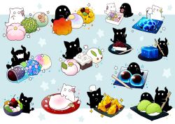 6+others blue_background candy chef_hat cherry creature dango flower food food_focus fruit grapes hat highres holding horns hoshikui leaf mochi multiple_others no_humans open_mouth original plate sanshoku_dango shoutarou_(shoutarotttt) skewer solid_circle_eyes sparkle star_(symbol) two-tone_background wagashi white_background white_eyes