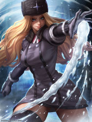 &gt;:) 1girl black_gloves black_thighhighs blonde_hair blue_eyes breasts closed_mouth coat cowboy_shot female_focus fur_hat fur_trim gloves hat highres kolin large_breasts long_hair looking_at_viewer smile snow solo speh street_fighter street_fighter_v thighhighs ushanka v-shaped_eyebrows wavy_hair winter_clothes winter_coat zettai_ryouiki