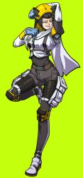 Rule 34 | 1girl, absurdres, arm up, belt, black bodysuit, black hair, blue eyes, blue gloves, bodysuit, bodysuit under clothes, brown belt, character request, commentary, commission, copyright request, counter-strike (series), counter-strike 2, dagger, english commentary, full body, gloves, green background, grey shorts, highres, holding, holding dagger, holding knife, holding weapon, hood, hood up, hugo (rushbordie), jacket, karambit, knife, looking at viewer, open mouth, scarf, shoes, short hair, shorts, simple background, smile, solo, standing, standing on one leg, v-shaped eyebrows, weapon, white jacket, white scarf, white shoes, yellow hood