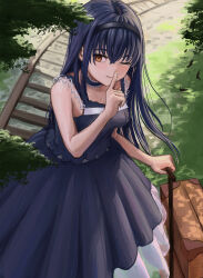1girl ;) absurdres backlighting bare_shoulders black_camisole black_choker black_hair black_hairband black_skirt breasts camisole center_frills chinese_commentary choker closed_mouth commentary_request dappled_sunlight day eyebrows_hidden_by_hair eyelashes feet_out_of_frame finger_to_mouth frilled_camisole frilled_choker frills hair_between_eyes hairband hand_up highres holding holding_suitcase index_finger_raised jiawenqing kushima_kamome light_blush long_hair long_skirt looking_at_viewer medium_breasts one_eye_closed outdoors partial_commentary railroad_tracks rolling_suitcase shushing skirt smile solo standing straight_hair suitcase summer_pockets sunlight traditional_media yellow_eyes