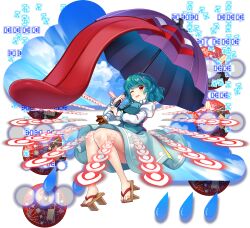 1girl :p ass ass_peek blue_hair blue_vest breasts brown_sandals danmaku game_cg geta highres holding holding_umbrella huge_breasts juliet_sleeves karakasa_obake long_sleeves medium_hair official_art one_eye_closed puffy_sleeves purple_umbrella red_eyes rotte_(1109) sandals solo tatara_kogasa third-party_source tongue tongue_out touhou touhou_lostword transparent_background umbrella vest