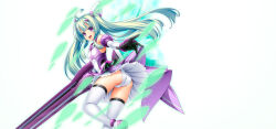 1girl ahoge amakubo_yuri ass black_gloves breasts detached_sleeves elbow_gloves exs-tia_flora floating_hair gloves green_hair hair_ornament highres holding holding_weapon inoino kouyoku_senki_exs-tia long_hair looking_at_viewer looking_back magical_girl official_art open_mouth panties pantyshot purple_eyes skirt smile solo sword thighhighs twintails underwear upskirt weapon white_background white_gloves white_panties white_thighhighs wind