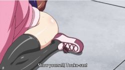 1girl animated animated_gif black_hair bouncing_breasts breasts cleavage covered_erect_nipples gigantic_breasts hizuki_touko invisible kagaku_na_yatsura lowres nipples nozaki_masaya open_fly subtitled