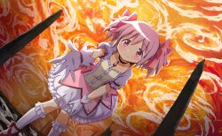 1girl artist_request bow bow_choker bubble_skirt center_frills chest_jewel choker circle_skirt closed_mouth cross-laced_shoes dot_nose dress dress_bow dutch_angle foot_out_of_frame footwear_bow frilled_dress frilled_skirt frilled_sleeves frilled_socks frills game_cg gem gloves hair_between_eyes hair_bow hand_on_lap happy highres kaname_madoka kneehighs leaning_forward light_blush looking_at_viewer magical_girl mahou_shoujo_madoka_magica mahou_shoujo_madoka_magica_(anime) mahou_shoujo_madoka_magica_magia_exedra mary_janes miniskirt offering_hand official_art orange_sky palms pillar pink_bow pink_dress pink_eyes pink_gemstone pink_hair puffy_short_sleeves puffy_sleeves red_bow red_choker red_shoes shoes short_dress short_hair short_sleeves short_twintails skirt skirt_under_dress sky smile socks solo tareme third-party_source twintails white_gloves white_skirt white_sleeves white_socks witch&#039;s_labyrinth